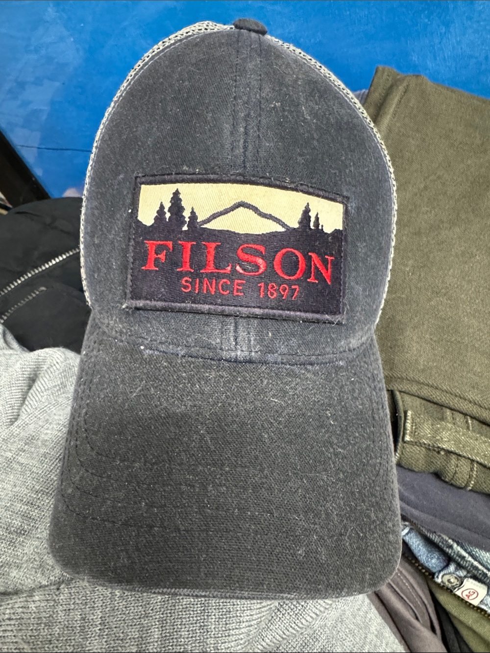Filson Blue Cap with Red Logo and Tan Patch